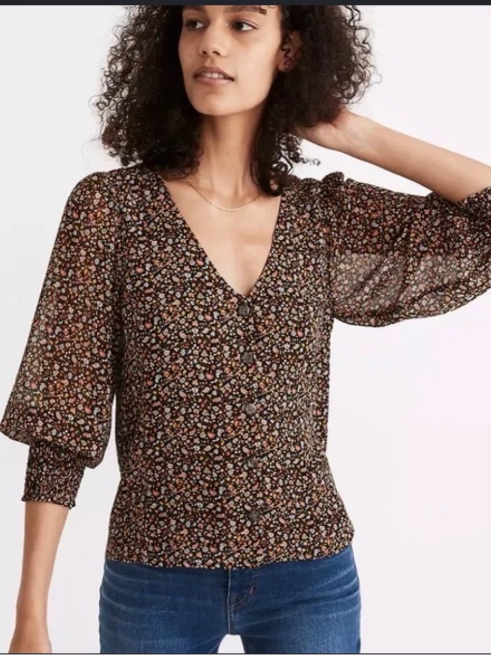 Madewell Georgette Smocked-Cuff Button-Front Shirt in Folktale Paisley size6